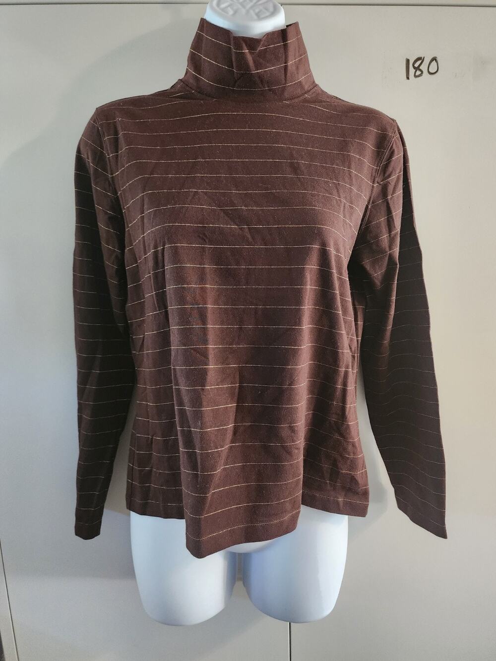 Vintage Talbots Petites Womens Small Brown Gold Metallic Striped Mock Neck Top